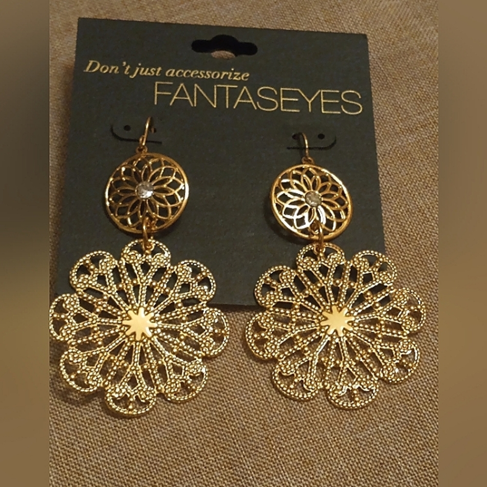 New with Tags 3" length, Gold Tone Dangle Earrings by Fantaseyes